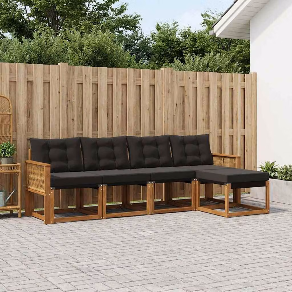 Set di divani da esterno vidaXL a forma di L composto da 5 pezzi in legno di acacia con cuscini e pouf, colore marrone e nero