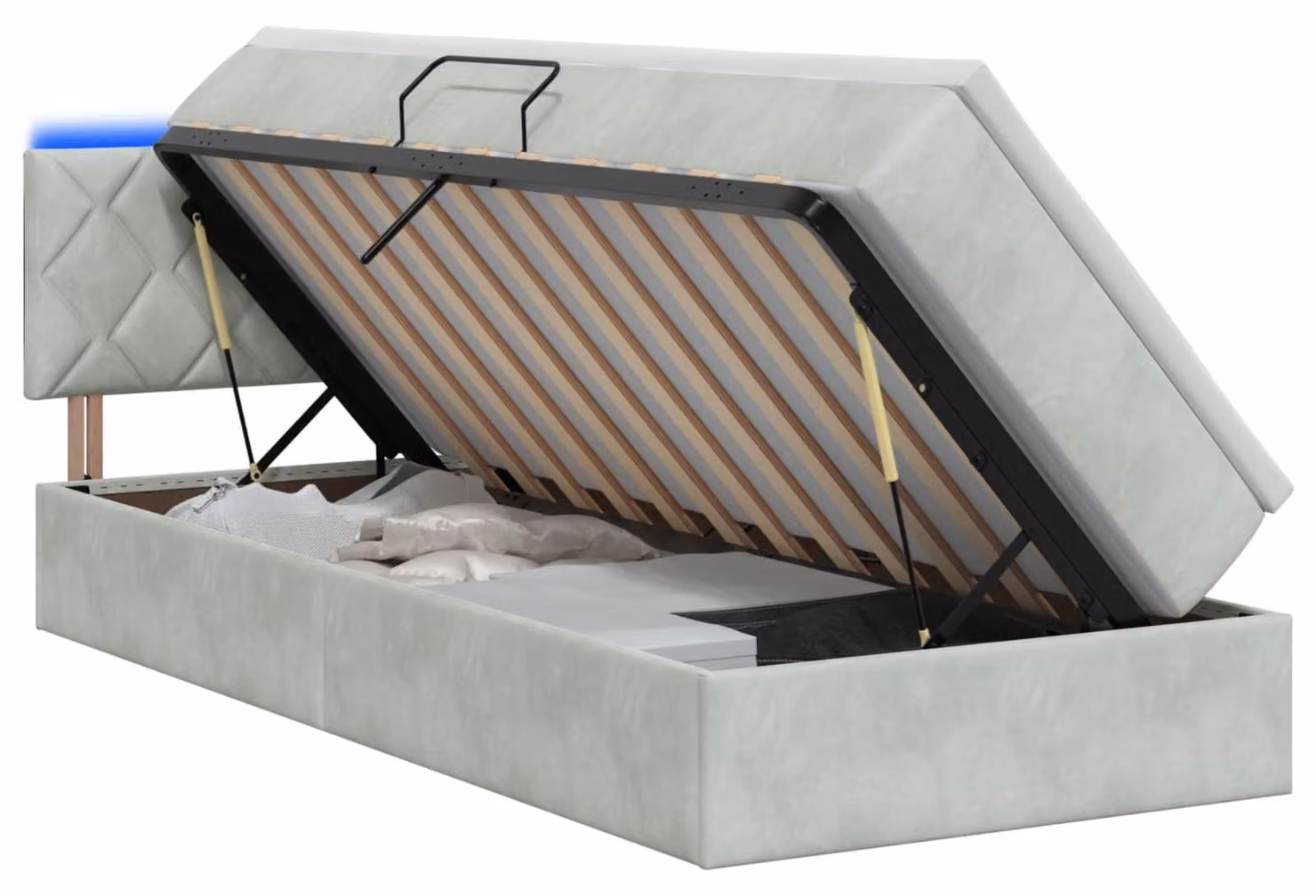 Letto imbottito con tecnologia LED e materasso, colore grigio chiaro, dimensioni 90 x 190 cm, rivestito in velluto