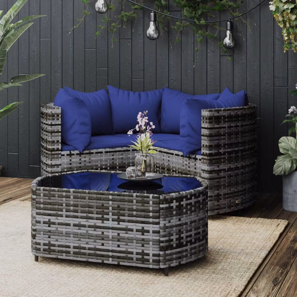 Set da giardino vidaXL composto da 4 pezzi con divano a L, elementi angolari e tavolino da caffè, con cuscini imbottiti in tessuto, struttura in metallo e design moderno in grigio, blu o nero