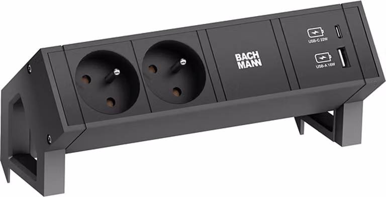 BACHMANN DESK2 2xUTE 1xUSB A/C 22W, GST18 RAL9005, nero, 0,2 m