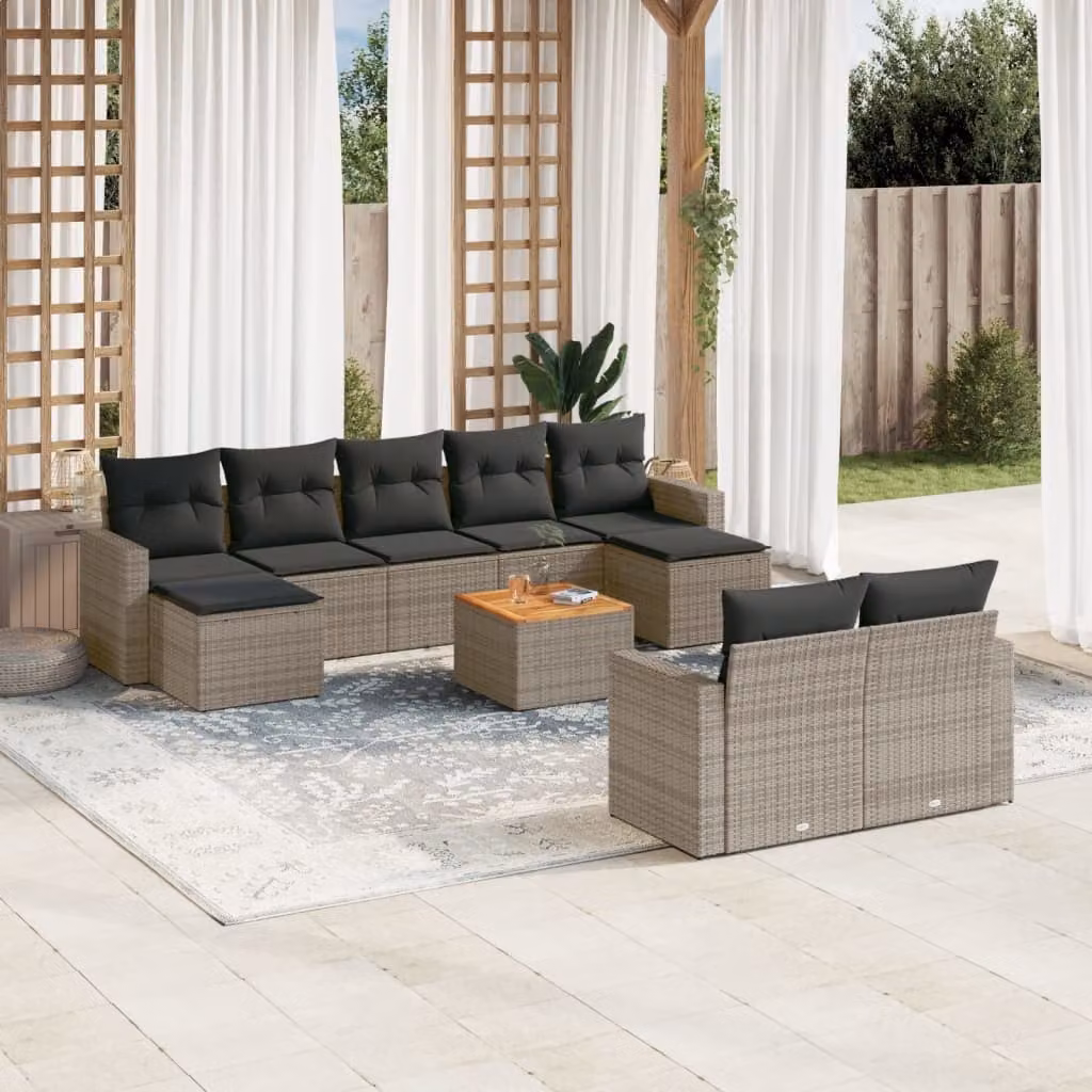 vidaXL Set Divano da Giardino 10 pz in Polyrattan Grigio con Cuscini e Tavolino – 1