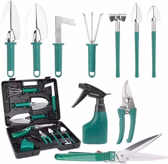 Set da giardino 10 pezzi, acciaio inossidabile, ergonomico, paletta, forbici, rastrello, spruzzatore, 37x28 cm