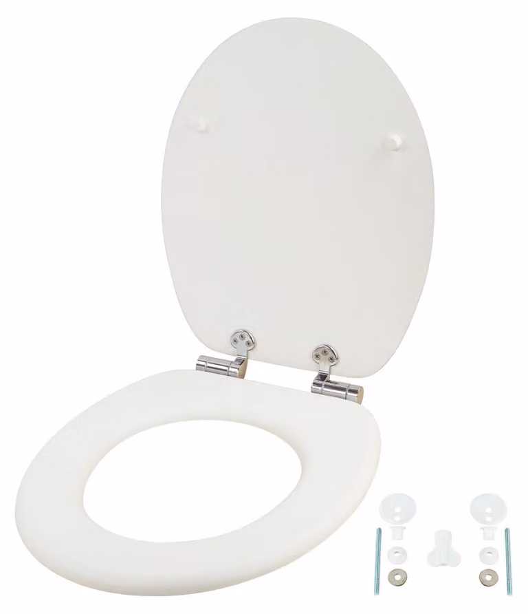 Sedile WC in MDF con chiusura ammortizzata, cerniere regolabili