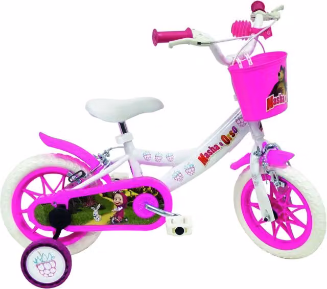 MASHA E ORSO 12, bicicletta per bambini, adatta a bambini tra i 3 e i 5 anni, per altezza tra 85 e 105 cm, cestino e por