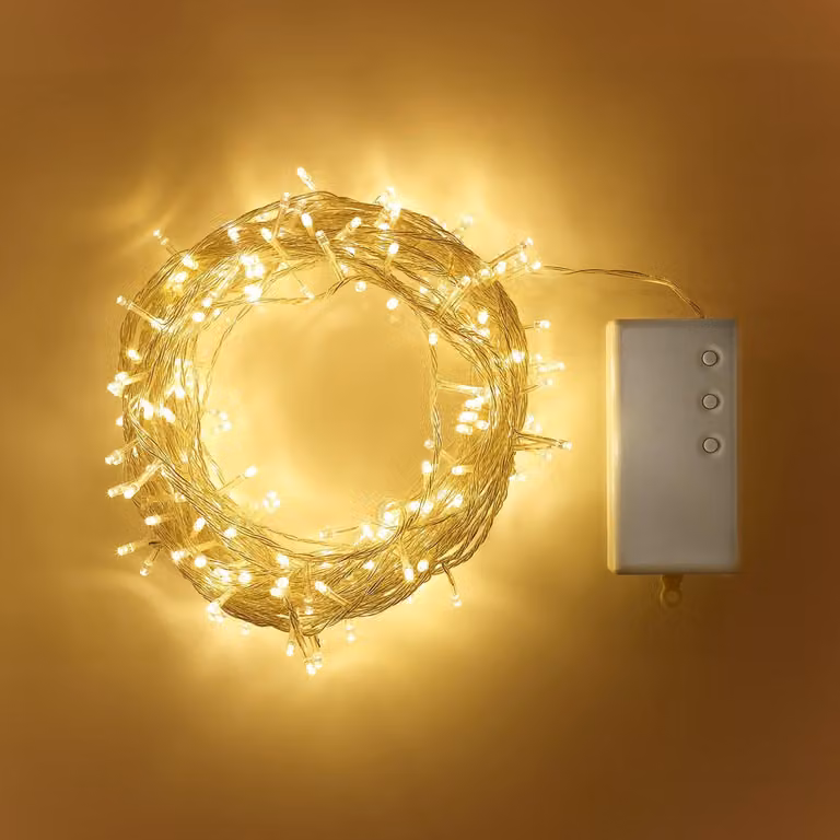 Catena luminosa a LED, 200 LED bianco caldo, 19,9 metri, alimentazione a batteria