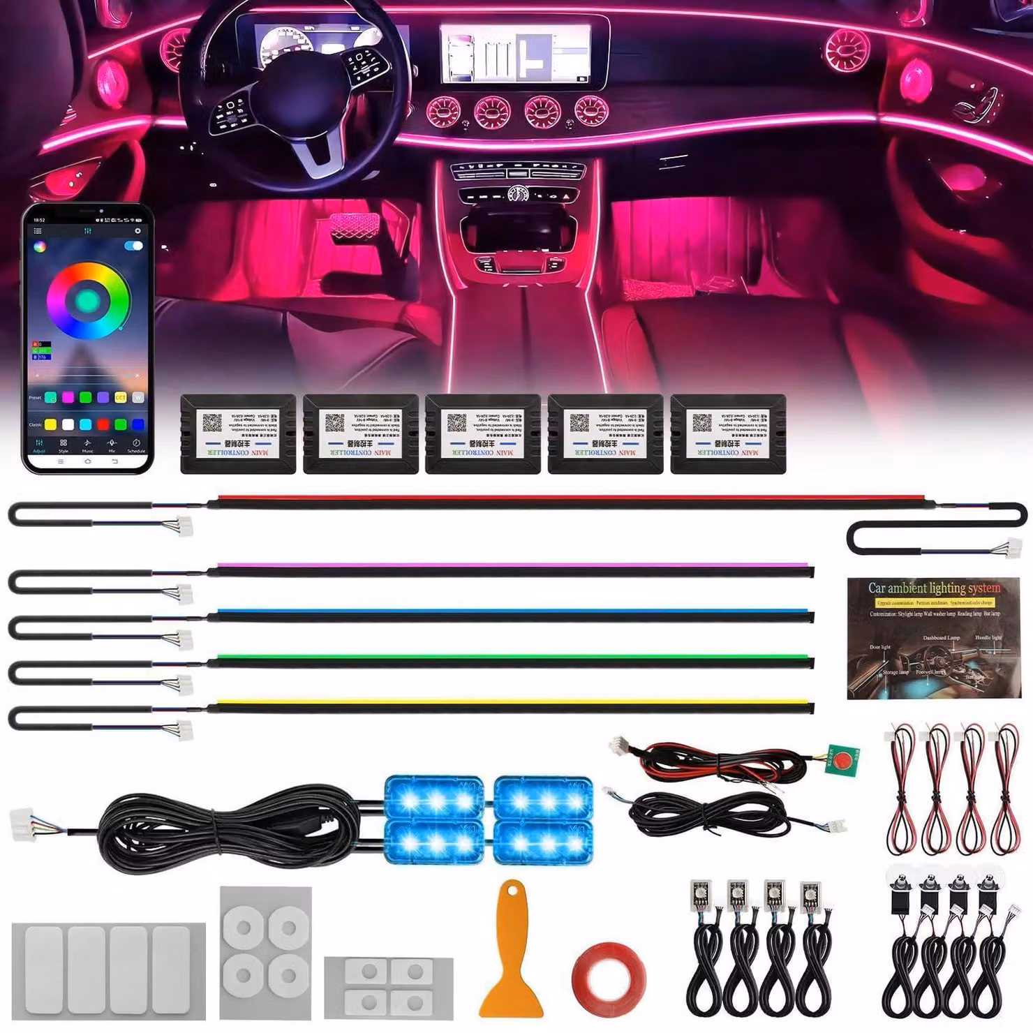 Illuminazione interna LED per auto, 17 funzioni in 1, luce ambientale RGB, strisce in fibra ottica in acrilico, 12V, controllo tramite app e touch