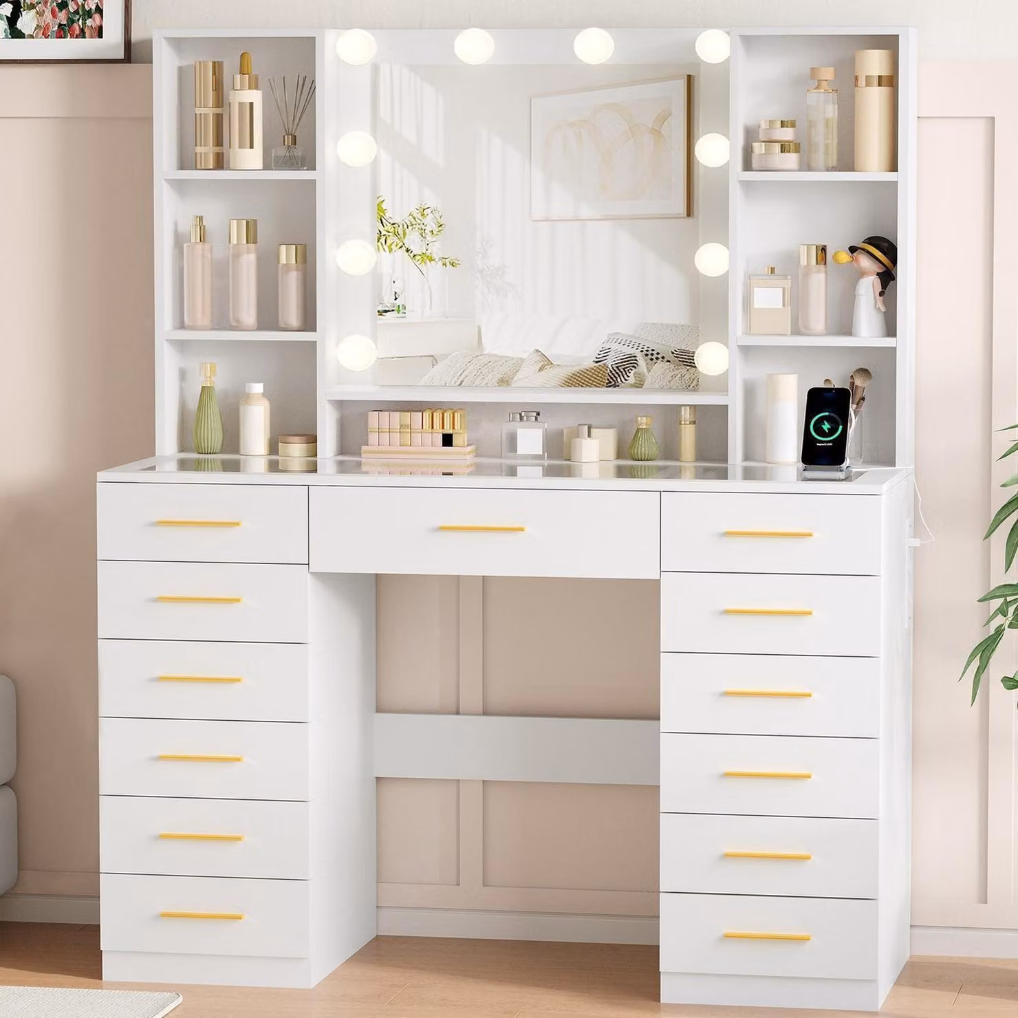 Comò da trucco con specchio e illuminazione, piano in vetro, presa di corrente, 13 cassetti, 6 ripiani, colore bianco