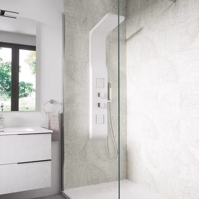 Pannello doccia Vernel in alluminio bianco opaco con doccino a 3 funzioni, H: 140 cm, L: 21 cm, P: 21 cm