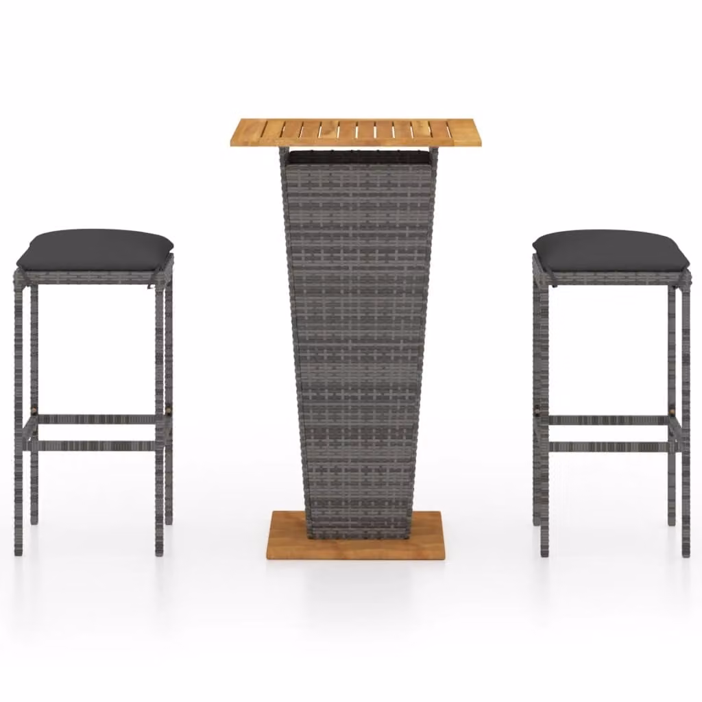 Set Bar da Giardino 3 pz con Cuscini in Polyrattan Grigio