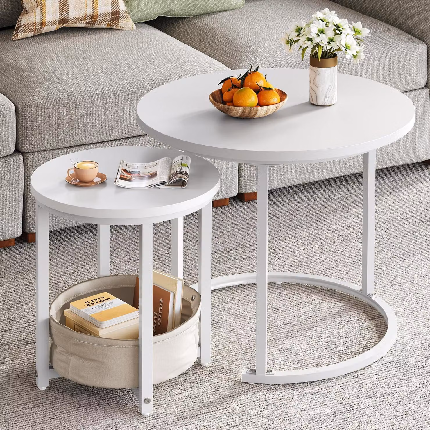 Set di tavolini da divano, forma rotonda, 2 pezzi, legno, metallo, con tasca in tessuto, colore bianco