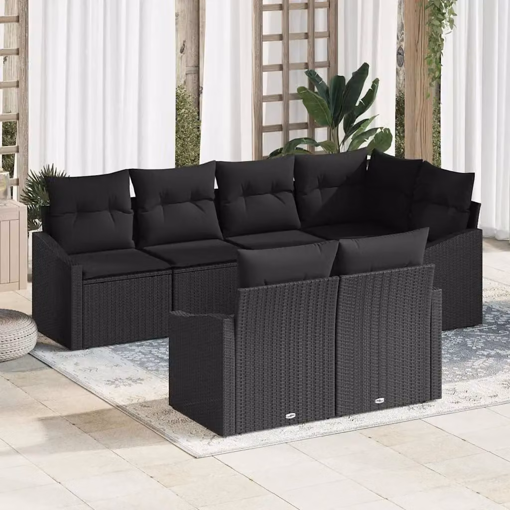 Set di divani da giardino vidaXL 7 pezzi in rattan nero con cuscini e tavolino in vetro – 1