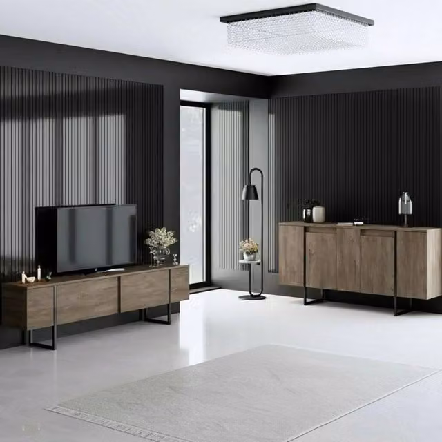Set di mobili da soggiorno modulabile Pignano DMORA in legno color noce e nero, stile moderno opaco, L: 180 cm, P: 50 cm