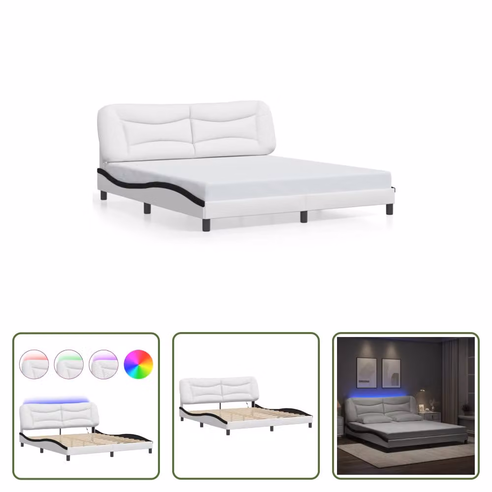 The Living Store Struttura letto con LED bianco e nero 180x200 cm in ecopelle