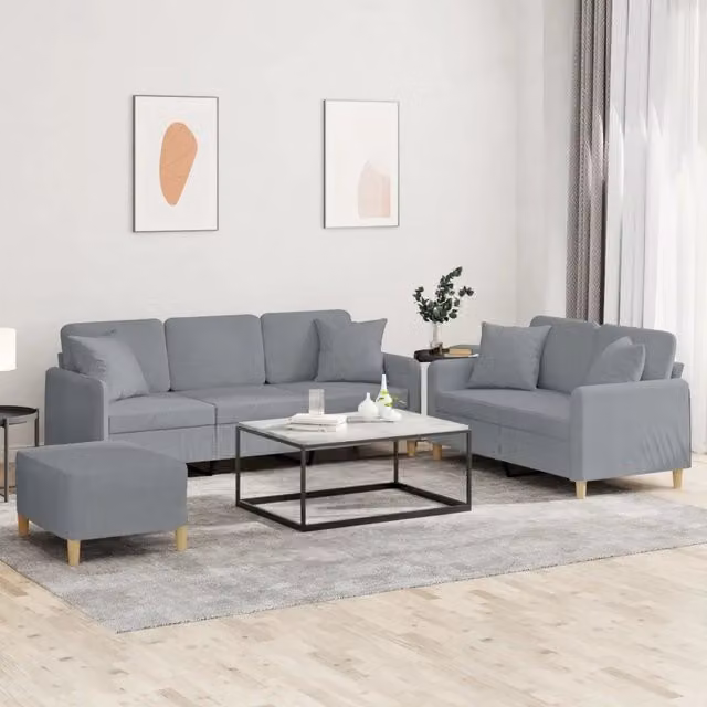 Set di Divani 3 Pezzi vidaXL con Pouf e Cuscini in Tessuto Grigio per Soggiorno Moderno