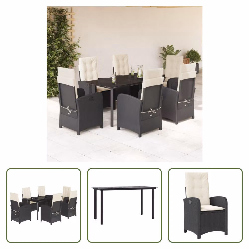 The Living Store Set da pranzo da giardino 7 pezzi con cuscini in polirattan nero