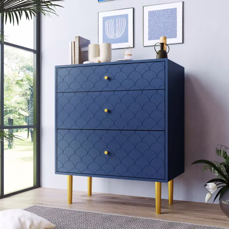 okwish cassettiera con 3 cassetti, cassettiera, blu scuro, H89/W75/H40 cm, credenza, lavagna per camere da letto e tutti i soggiorni