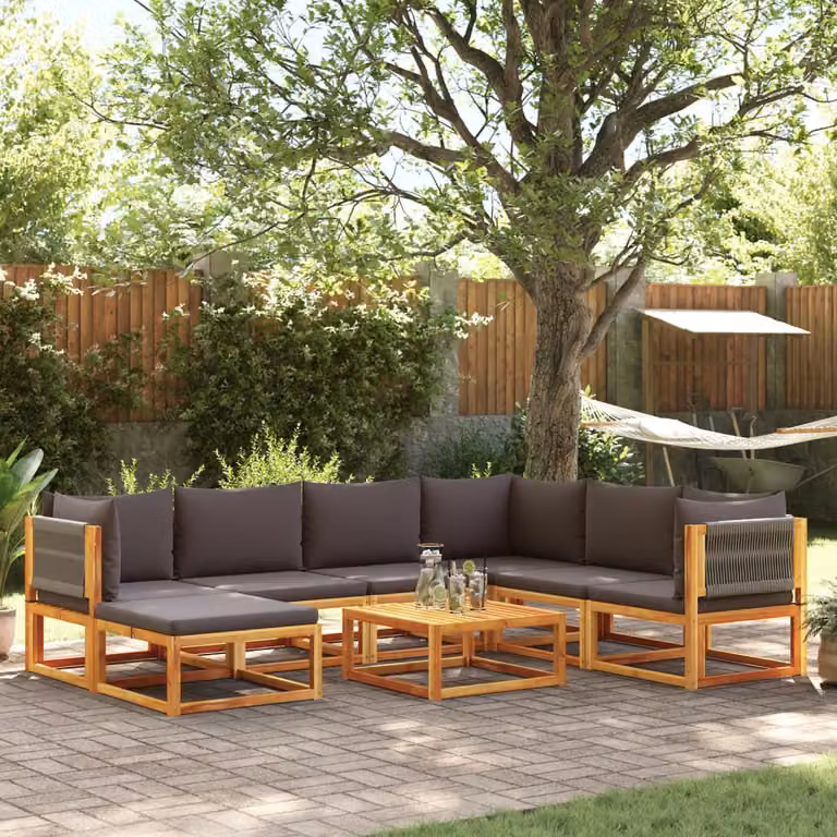 vidaXL Set di divani da giardino a forma di U composto da 8 pezzi in legno di acacia oliato con cuscini grigi e marroni e tavolino da caffè