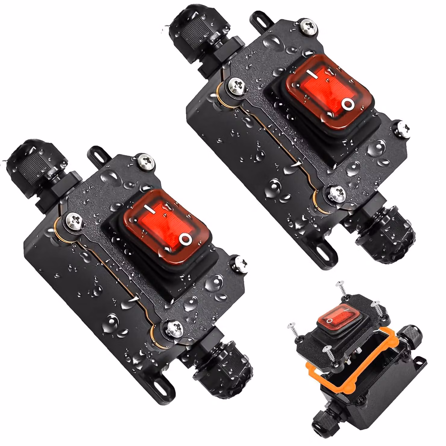 Interruttore a levetta IP65, 230V, 30A, rosso, con LED, set da 2, contatto DPST