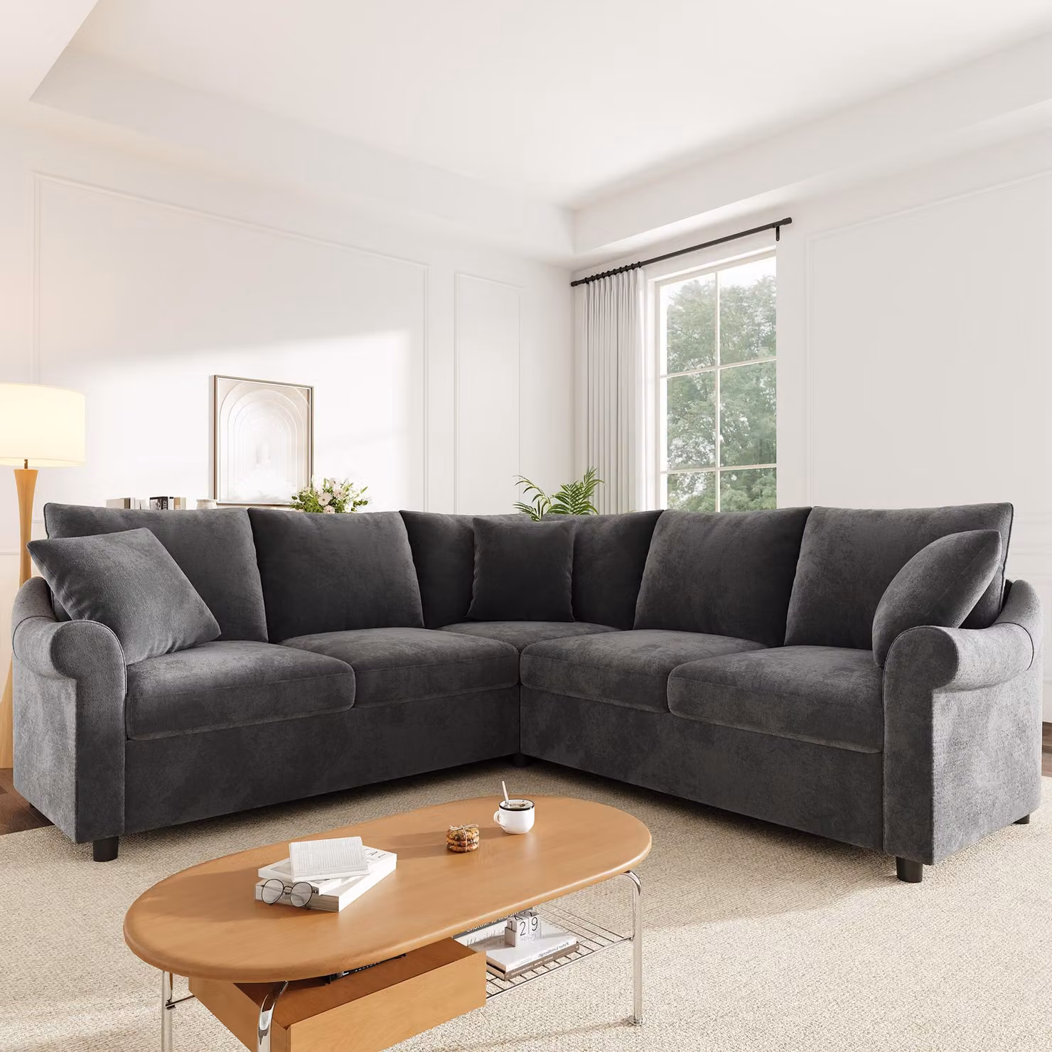 Divano angolare a forma di L MODFU, 217 x 217 x 83 cm, divano a 5 posti in tessuto chenille, grande divano con imbottitura in molle insacchettate e struttura in legno, ideale per il soggiorno, colore grigio