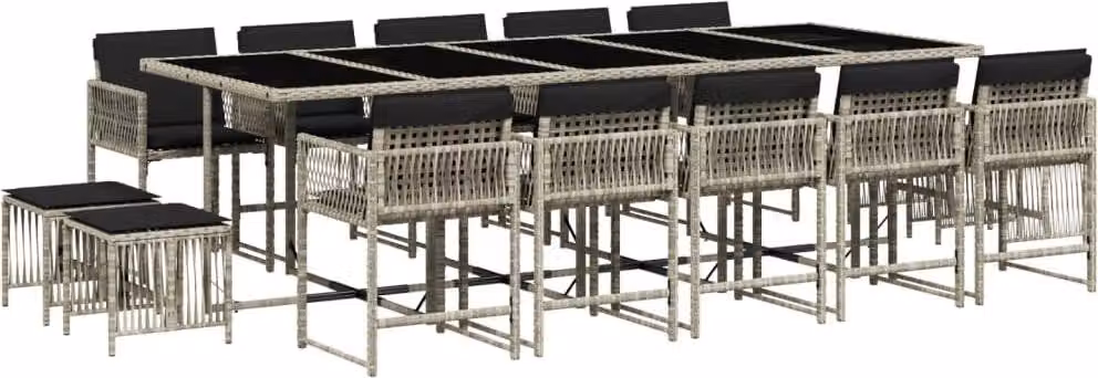 Set da Pranzo da Giardino 15 pz con Cuscini Grigio Polyrattan