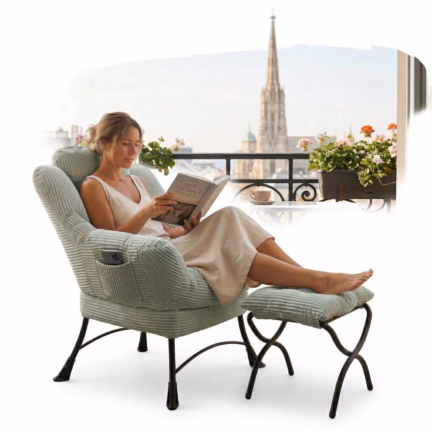 LVHOM Poltrona relax con poggiapiedi, poltrona con braccioli, poltrona da TV e da lettura con tasca laterale, rivestimento in velluto a coste, portata fino a 180 kg, verde chiaro