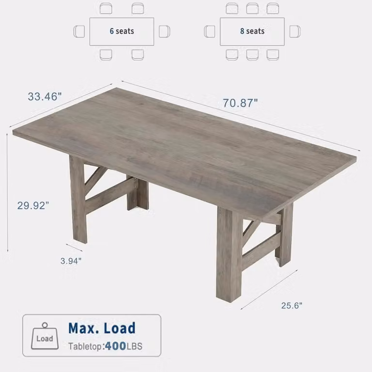 Tavolo grande per famiglia - Tavolo rettangolare da pranzo/cucina - Lunghezza 182 cm - Piano robusto - Struttura in legno - Adatto per 6-8 persone - Grigio