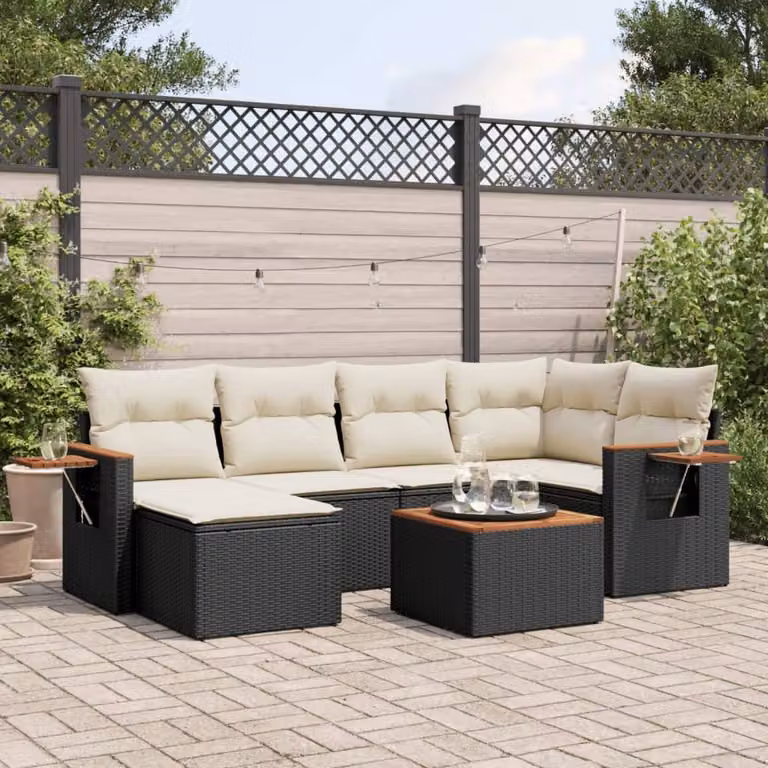 Set Divani da Giardino a L vidaXL in Polyrattan Nero con 7 Cuscini e Tavolino da Esterno