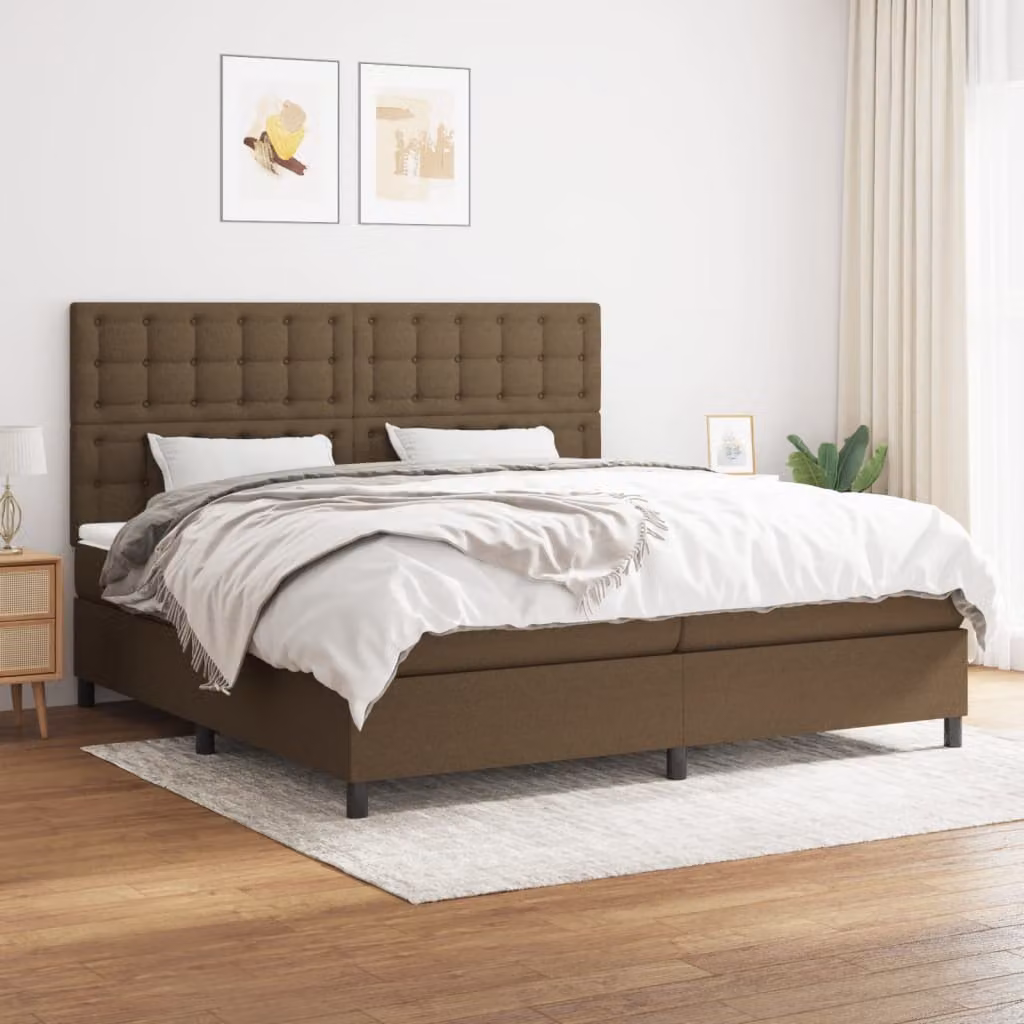 The Living Store Letto a molle con materasso marrone scuro 200x200 cm in tessuto