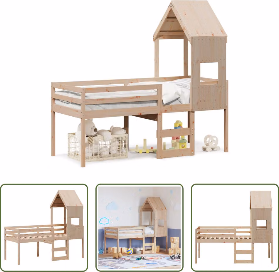 The Living Store Letto a soppalco con tetto 90x190 cm in legno di pino massiccio