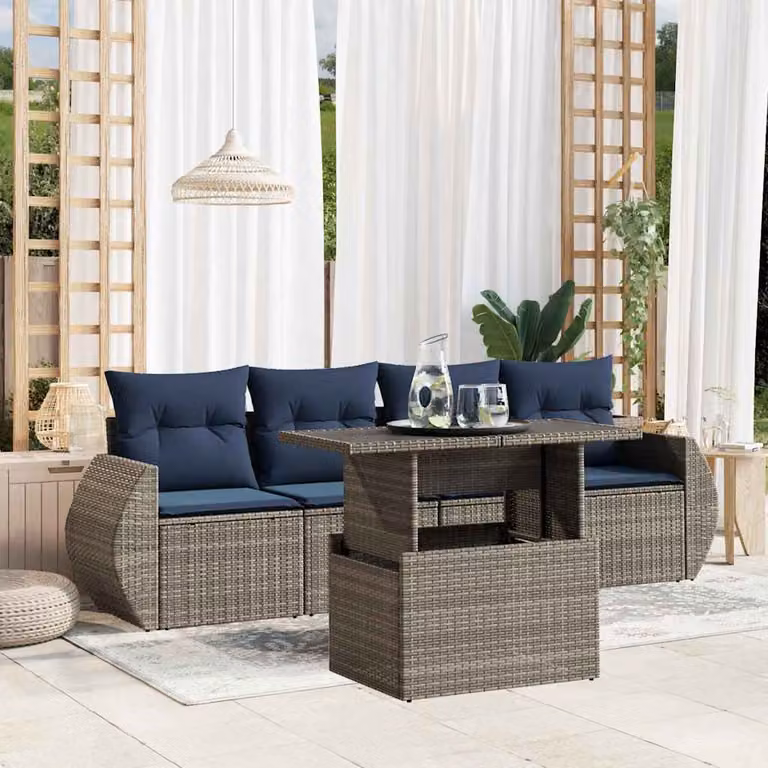 Set di divani da giardino vidaXL 5 pezzi con cuscini in polyrattan e metallo colore grigio e blu