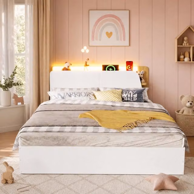 Letto matrimoniale MODFU con contenitore idraulico, illuminazione LED e porte USB/USB-C, stile scandinavo, bianco e naturale, L/P: 140 x 200 cm