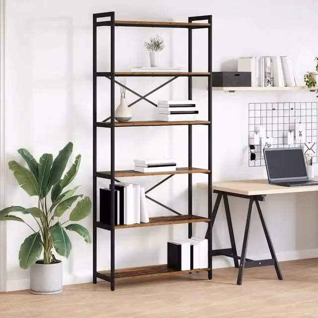Libreria industrial vidaXL in legno e metallo, colore marrone e nero, L 80 x P 30 x H 189,5 cm – 1