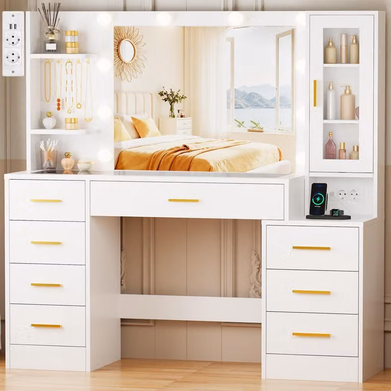 Comò da trucco con illuminazione a LED, presa di corrente, specchio, piano in vetro, 8 cassetti, 3 ripiani, 5 ganci, colore bianco