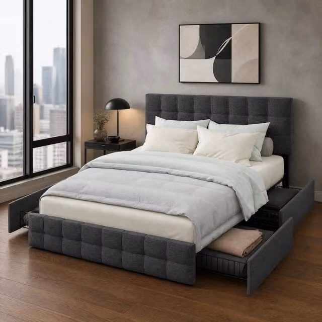 Letto matrimoniale imbottito grigio 140x200 cm con 4 cassetti, testiera regolabile e rete in metallo, con materasso a 7 zone