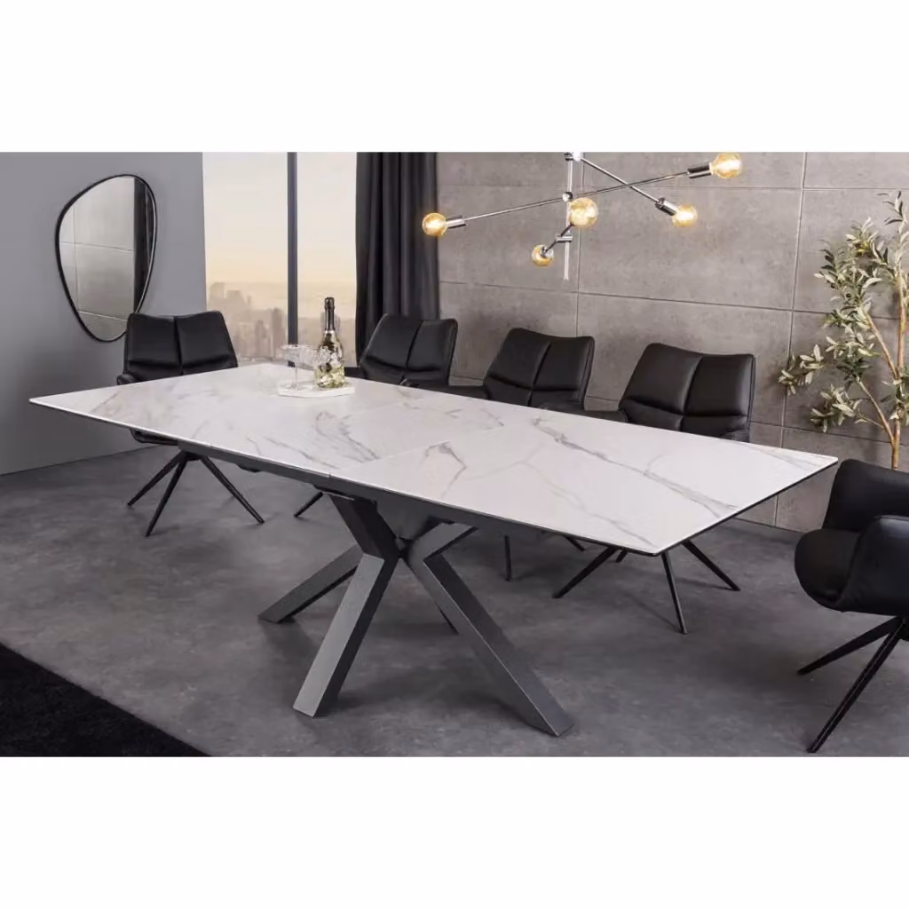 Tavolo da pranzo allungabile MEUBLORAMA moderno in ceramica bianca con base nera e design rettangolare – 2