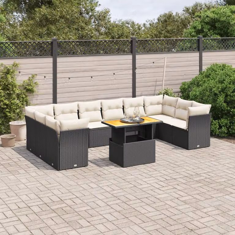 vidaXL Set Divani da Giardino 11 pz a Forma a L con Cuscini, Tavolino e Struttura in Metallo e Legno di Acacia, Nero e Bianco
