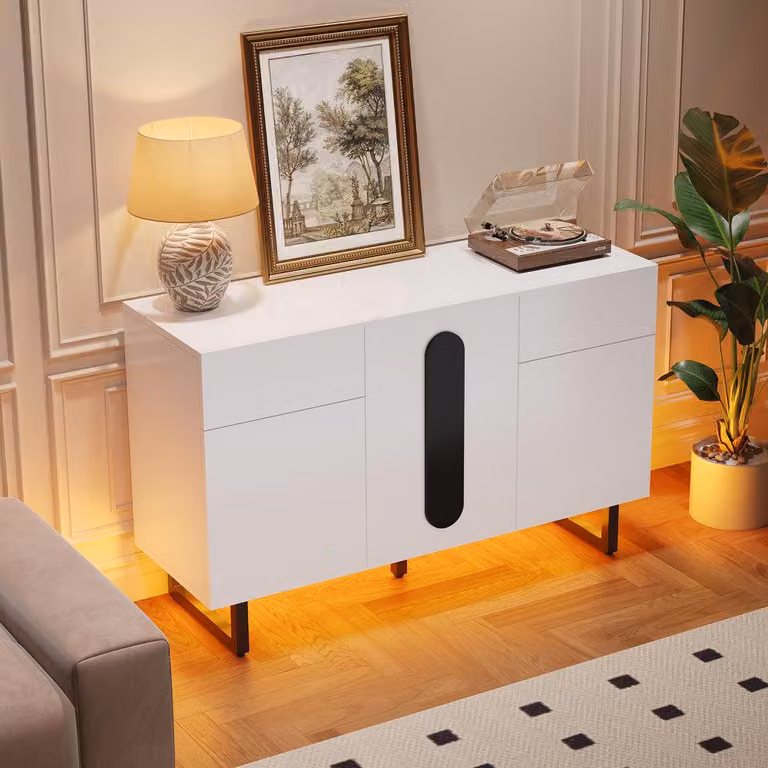 Comò moderno, 120 cm, bianco, con maniglie nere e gambe in metallo, ideale per il soggiorno