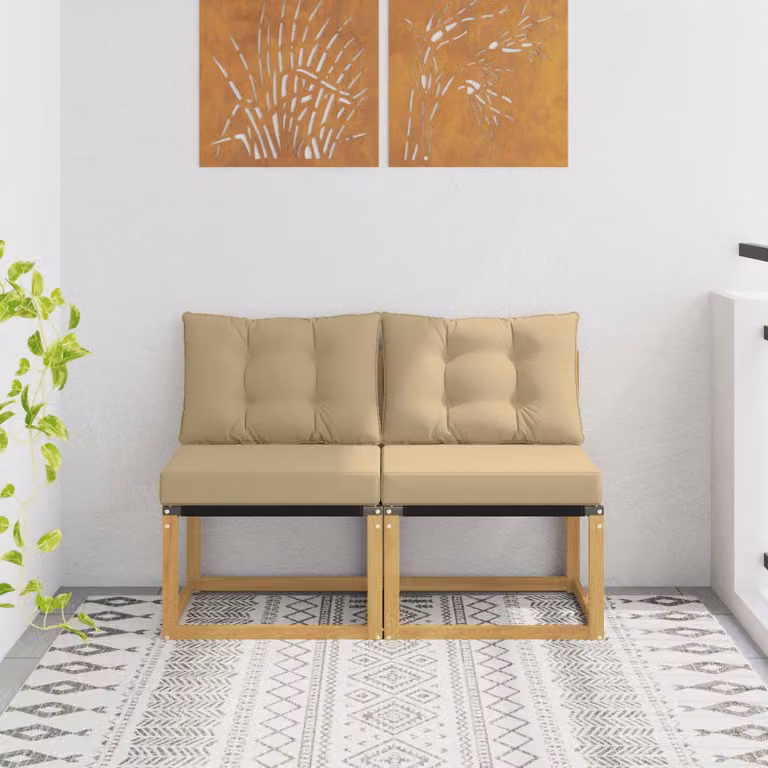 Set di 2 divani centrali da esterno vidaXL in legno di acacia e tessuto bianco/beige per giardino, balcone o terrazzo