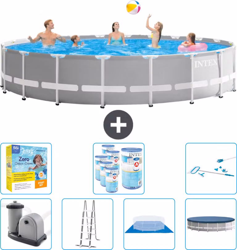 Piscina Intex Round Prism Frame - 610 x 132 cm - Grigio - inclusa pompa - scaletta - telo di fondo - pacchetto di manutenzione della copertura - filtro - kit di pulizia