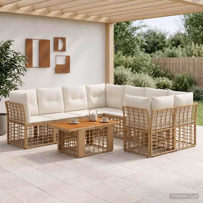 Set Divano da Giardino vidaXL 9 pz in Polyrattan con Tavolino e Cuscini, Colore Naturale e Bianco Crema