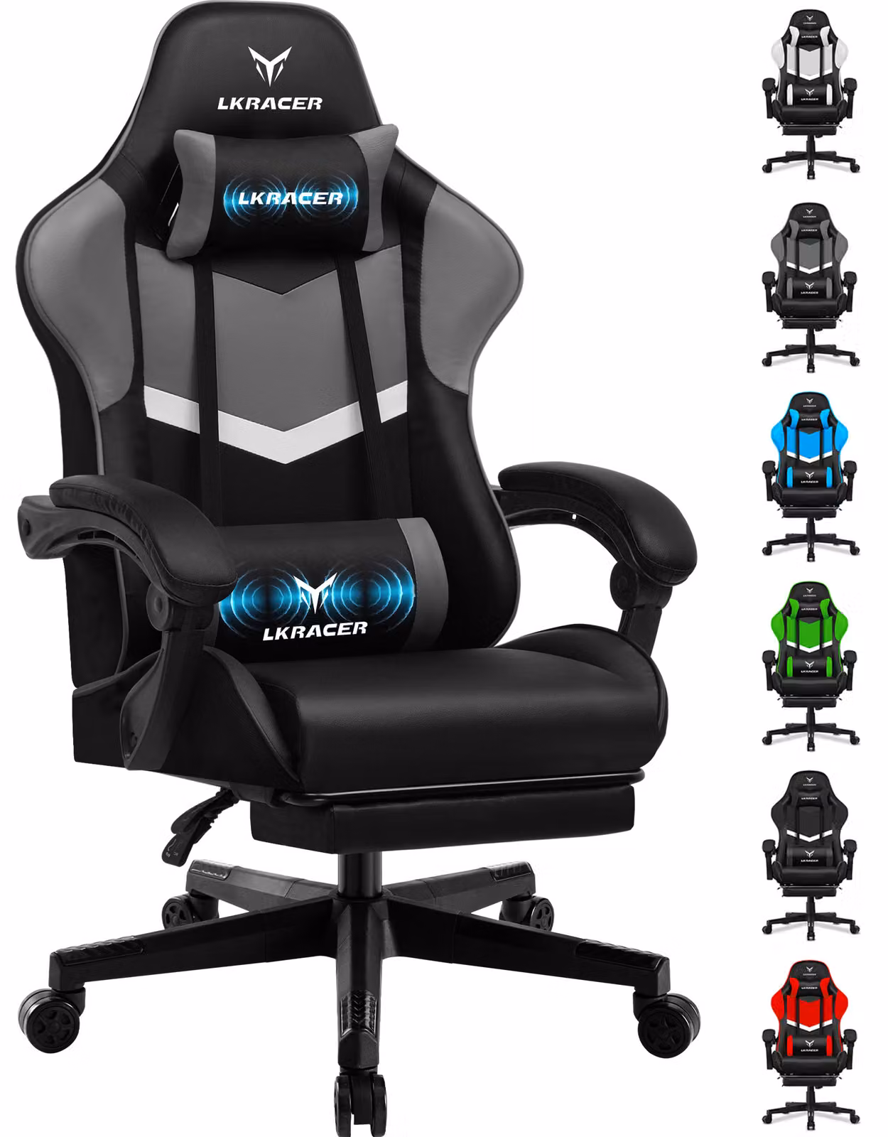 LUCKRACER sedia da gioco sedia da ufficio ergonomica con cuscino lombare cuscino poggiatesta, sedia da gioco regolabile in altezza capacità di carico 150 kg, poggiapiedi grigio