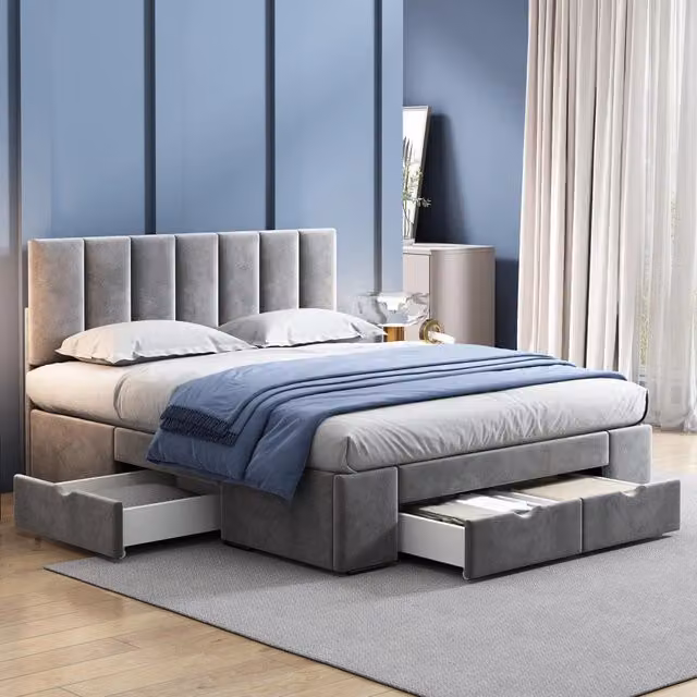Letto matrimoniale OKWISH moderno in velluto grigio con cassetti, L/P/H: 140 x 200 x 45 cm