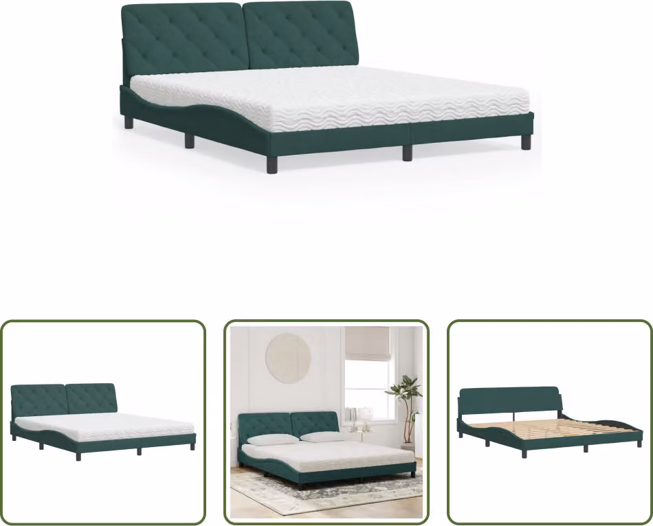 The Living Store Letto con materasso in velluto verde scuro 180x200 cm