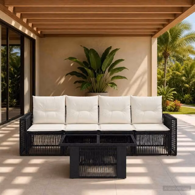 Set da giardino moderno vidaXL in polyrattan composto da 5 pezzi con divano a 3 posti, poltrone e tavolino da caffè, colore nero e bianco crema con cuscini inclusi e rivestimenti rimovibili – 1