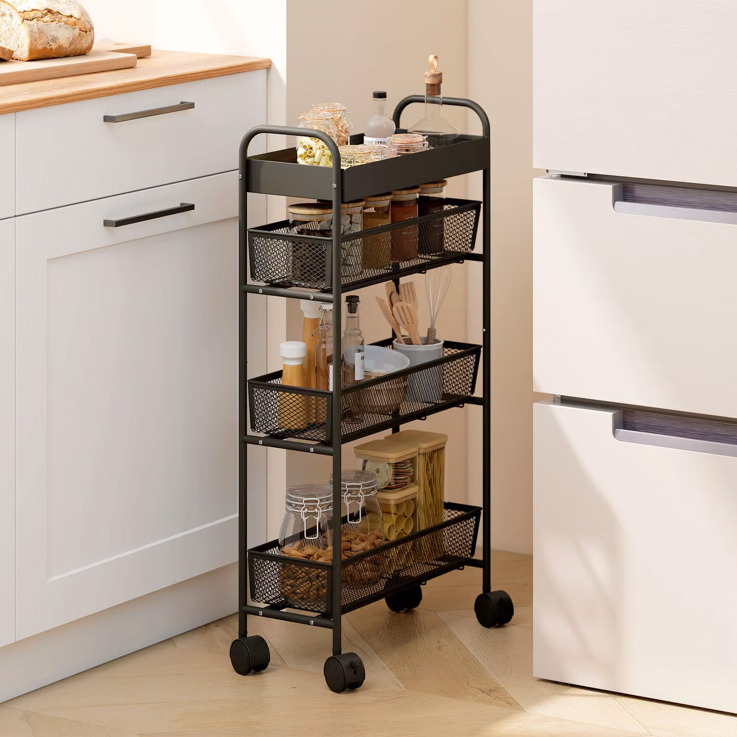 Carrello portaoggetti HOMCOM a 4 livelli con 3 cestini estraibili e ruote, nero, L: 19 cm, P: 43,2 cm, H: 80 cm – 2