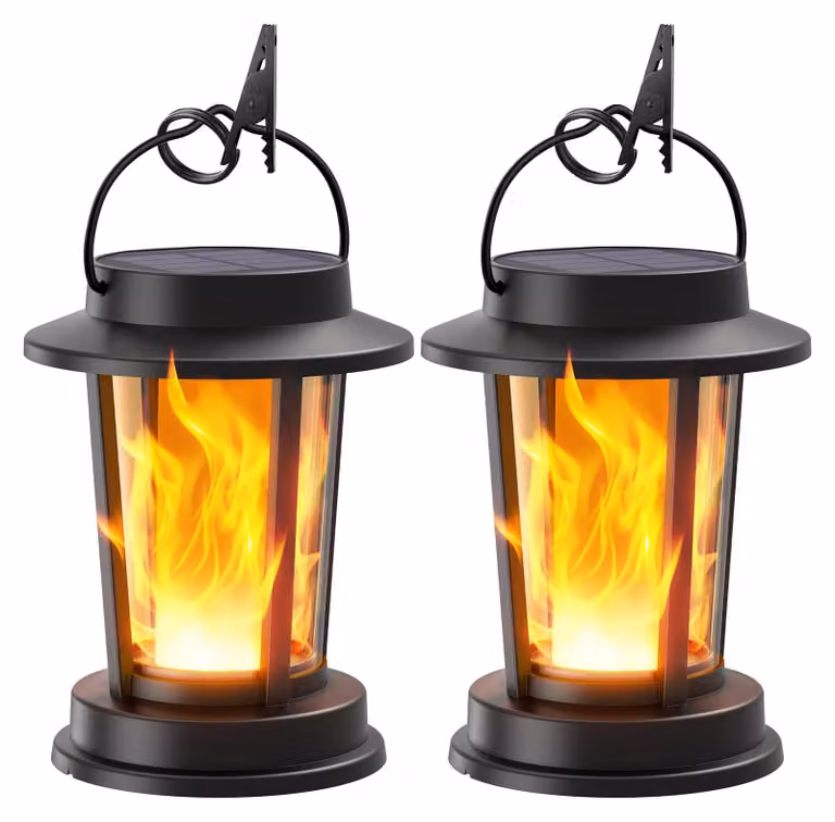 Lampade solari per esterni, set da 2, effetto fiamma, grado di protezione IP65, colore nero