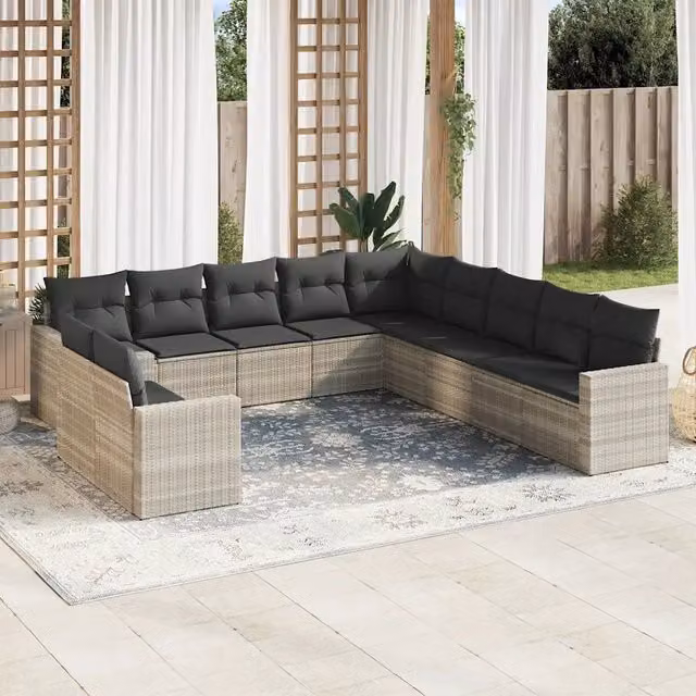 Set di divani da giardino VIDAXL a forma di U composto da 11 pezzi in polyrattan grigio con cuscini inclusi