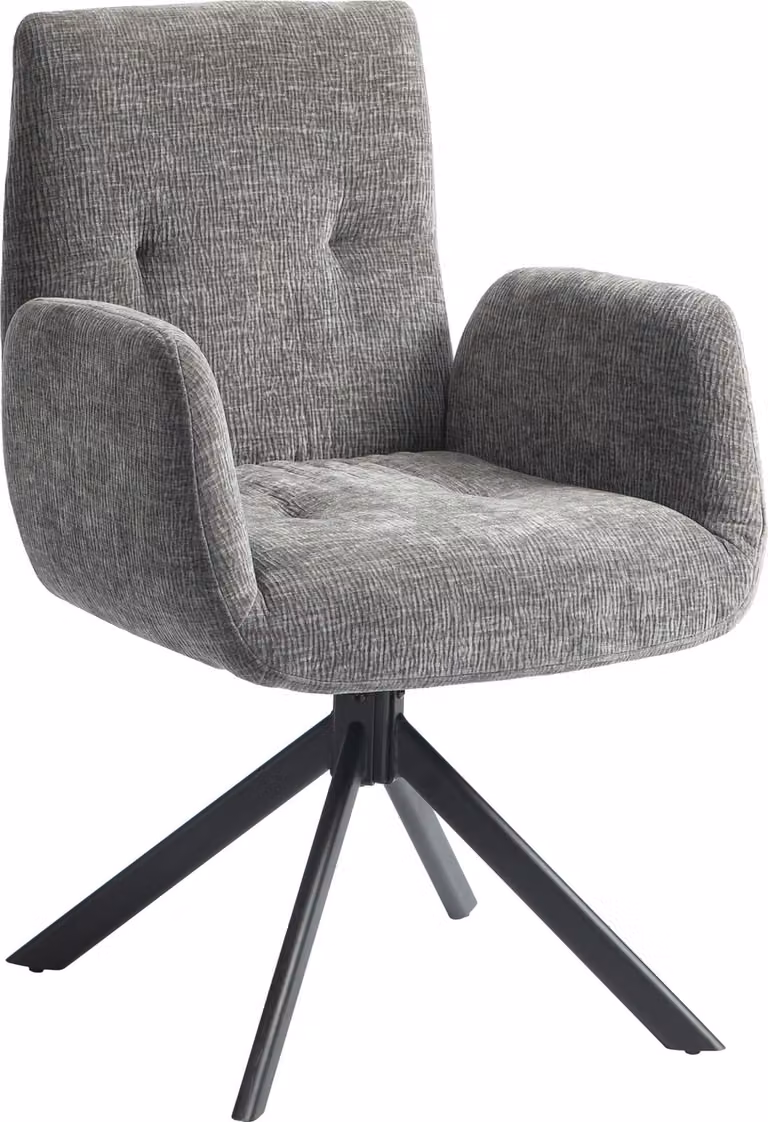 Sedia lounge girevole con braccioli, look lana-lino, sedia moderna imbottita con cuciture a bottoni, gambe in acciaio, per soggiorno, camera da letto