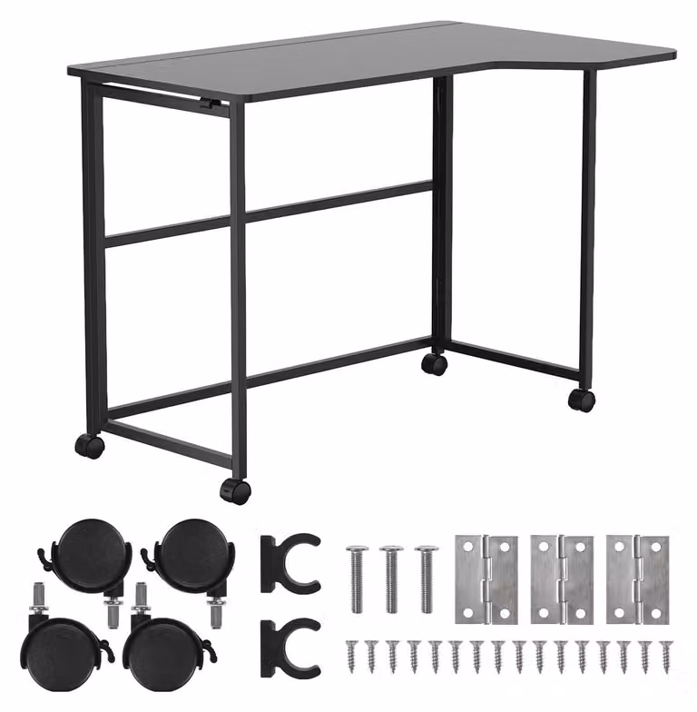 Scrivania pieghevole con rotelle, 100 x 65 cm, nera, ergonomica