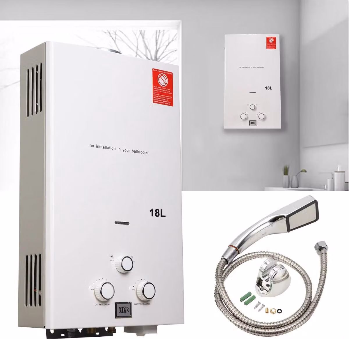 Scaldabagno a gas - Scaldabagno istantaneo a gas propano - Portatile - Per campeggio all'aperto - Con set di soffione doccia - Acciaio inossidabile - Capacità 2500 L - Bianco